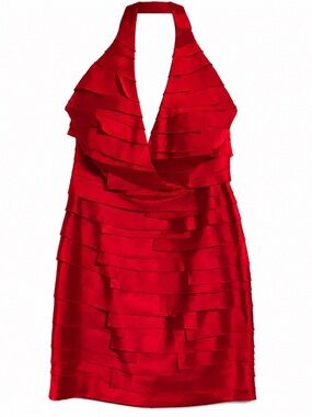 Bebe Red Satin Halter Ruffle Sheath Midi Mini Dress Small S